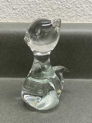 Art Glass Kitty Cat Shaped Paperweight Clear Figurine Estate Find NICE!-image