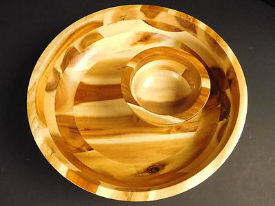 Large Natural Wood Chip & Dip Serving Bowls Hors d'oeuvres Set Brown Gold-image