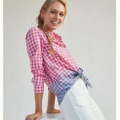 Anthropologie Gingham Western Shirt Size Large Pilcro Pink  Dipped Button Up -image