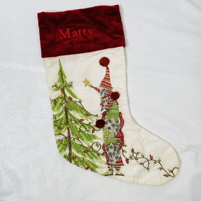 Pottery Barn Gnomes w Tree Linen Blend Christmas Stocking Personalized MATTY-image