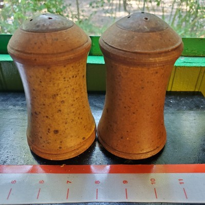 vtg Studio Art Pottery Salt Pepper Shaker Brown Beige ceramic MCM Signed.-image