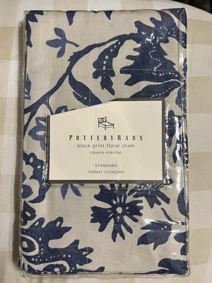 POTTERY BARN Floral BLOCK PRINT  Standard Pillow Sham Blue Ecru Linen & Cotton-image