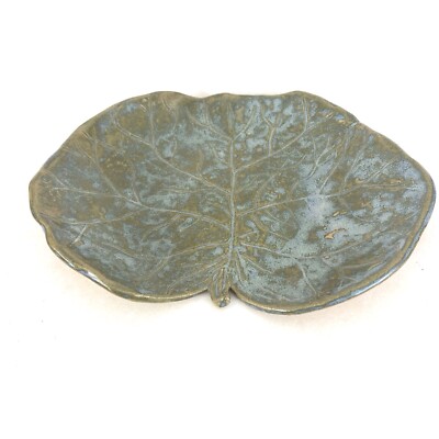 Studio Crafted Leaf Shaped Dish 8”x6” Green With Etched Details Signed-image