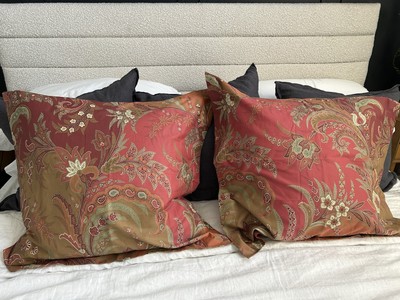 Pottery Barn Floral  Euro Pillow Shams (2) Burgundy Green Orange  EUC-image