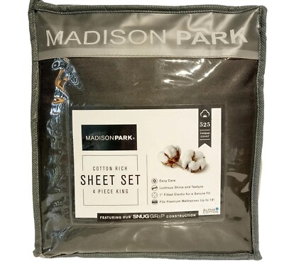 KING SHEET SET  4 pc Charcoal Gray  Madison Park  525 Thread count Snug Grip NEW-image