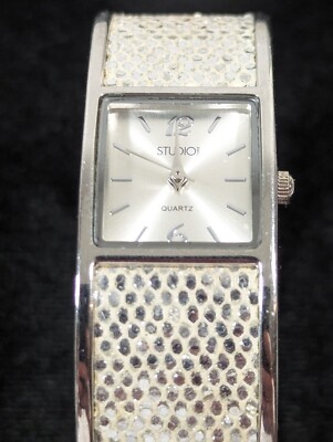 Studio Womans Silver Tone Dial Square Case Shimmery Hinge Bracelet Watch 7 Inch-image