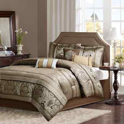 NEW-Madison Park 7pc King Bellagio Venetian Mirage Comforter Bedding Set Brown-image