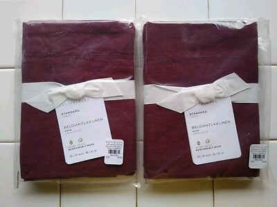 2 Pottery Barn Belgian Flax Linen Standard Shams Merlot -image
