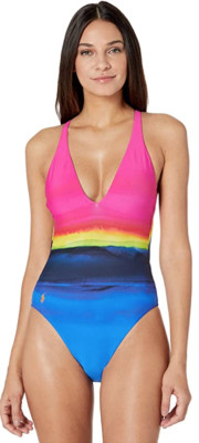 Polo Ralph Lauren JS1246 Women's Multi Dip-Dye Plunge One Piece Swimsuit Size XL-image