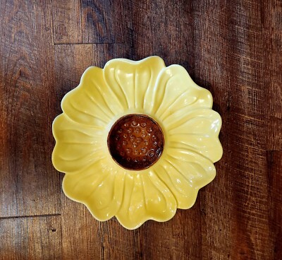 Large Sunflower Pottery Bowl Chip N Dip Platter Vintage Yellow Brown 13.5in -image