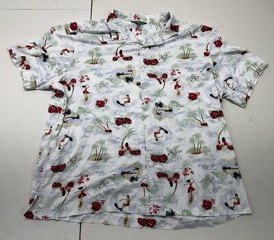 DIP Hawaiian Shirt Adult XLT TALL White Surfing Hula Girl & Man Floral Button Up-image