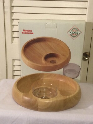 Tabasco Chip And Dip 11” Wooden Serving Platter W/ Glass Bowl In Box-image