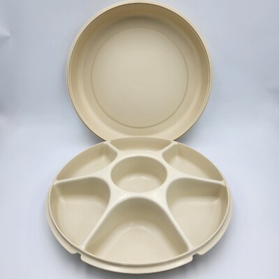 Tupperware Divided Serving Tray 1665-3 Almond With Lid 1666-3 No Dip Bowl #2-image