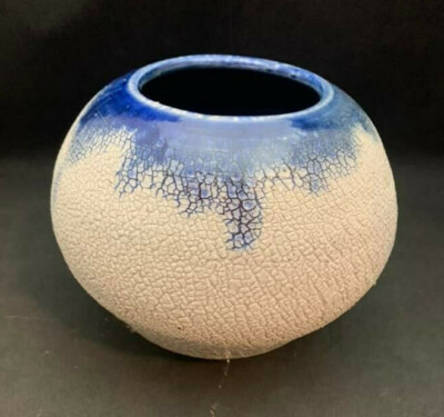 Glazed Globe Shaped Bowl with textured exterior and blue top - Studio Ceramic-image