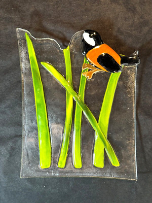 Reach Unlimited Studio Art Fused Glass Tray Bird in Grass-image