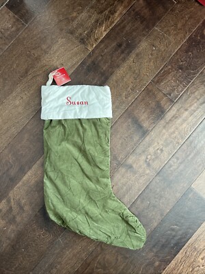 NWT Pottery Barn Classic Large Green Ivory Velvet Christmas Stocking Mono Susan-image