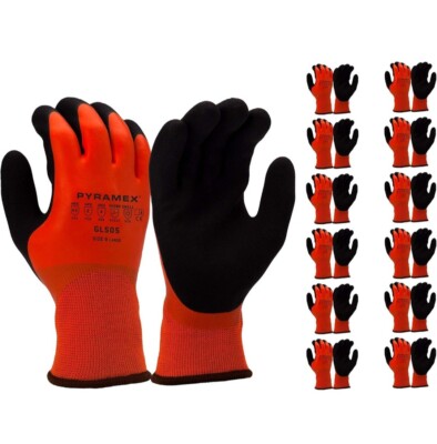 PYRAMEX GL505 Full Dip Sandy Latex Work Gloves W/ Fleece LARGE Orange  LOT OF 12-image