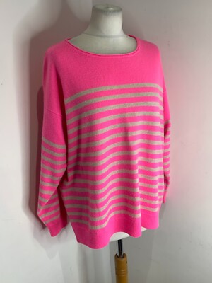 Cocoa Cashmere jumper L 14 16 VGC pink knit striped boxy dip hem classic fit-image