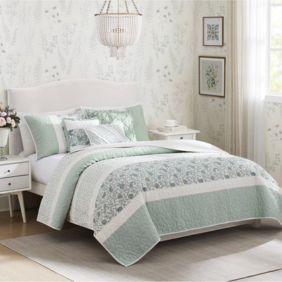 6 Piece Cotton Percale Quilt Set with Throw Pillows Aqua King/Cal King-image