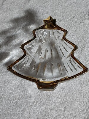 Christmas Tree Shaped Crystal Gold Trim Candy Dish Vintage Studio Nova-image