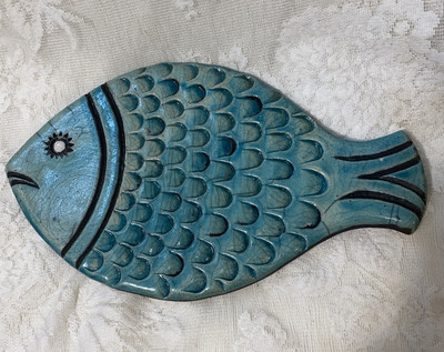 Handmade Artist Signed Fish Shaped Studio Art Pottery Trivet Turquoise-image