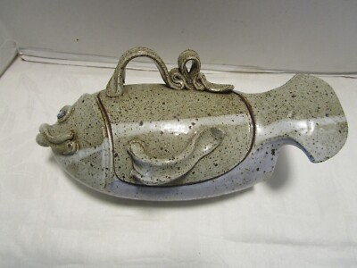 Vintage Studio Art Glazed Pottery Lidded Fish Bowl/Pot Handcrafted signed 1980’s-image