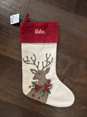 New Pottery Barn Crewel Icon Deer Stag Embroidered Christmas Stocking Mono John-image