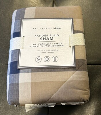 Pottery barn Dorm Xander Plaid Pillow Sham Taupes,blue,grays, NEW-image