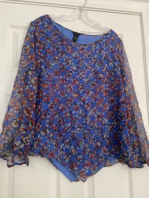 SIONI Blue Geometric Print Angel Sleeve Dip Hem 100% Silk Blouse Large-image