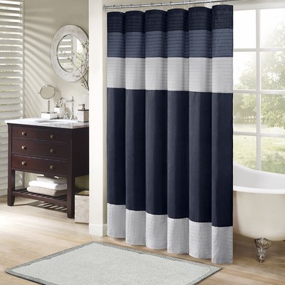 Madison Park Amherst Bathroom Shower Curtain Faux Silk Pieced Striped Mode-image