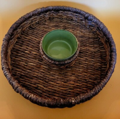 Wicker Chip & Dip Tray w/Green Ceramic Bowl 14.5