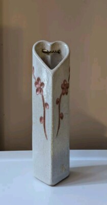 Heart Shaped Studio Pottery Bud Vase - Speckled With Floral Inlaid Design-image
