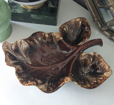 Vintage HULL Pottery Large Leaf Chip & Dip Tray 621 Mirror Brown Drip Glaze MCM-image