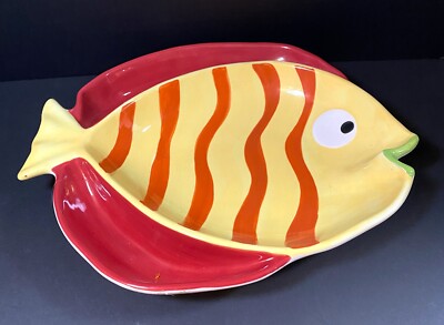 Summer Living Large Red Ceramic Fish Shaped Chip And Dip Serving Plate Platter-image