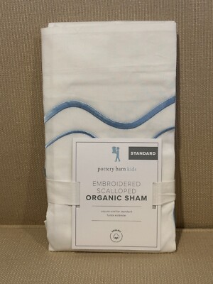 POTTERY BARN KIDS EMBROIDERED SCALLOPED BLUE STANDARD SHAM NEW-image