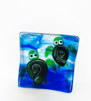 Studio Art Glass Trinket Dish Tray Fused Glass Blue Green Hawaiian Sea Turtle 5”-image