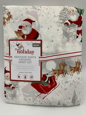 Pottery Barn Kids Percale Heritage Santa Organic Sheet Set Queen #8419-image