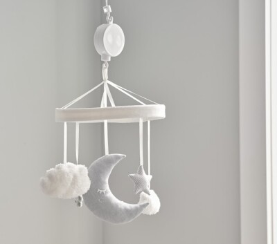 New Pottery Barn Kids Baby Nursery Crib Mobile, Gray, White, Moon, Clouds NIB-image