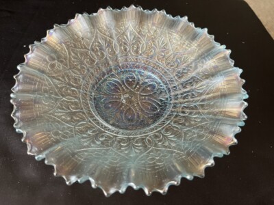 Northwood Pastel Ice Blue PIE CRUST EDGE Hearts and Flowers Carnival Glass Bowl-image