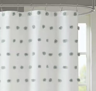 Madison Park Sophie Polka Dots Shower Curtain, Texture Design Pom Tufts Accen...-image