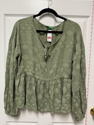DIP Womens Large Long Sleeve Peplum Relaxed Boho Top Green 100% Viscose NWT-image