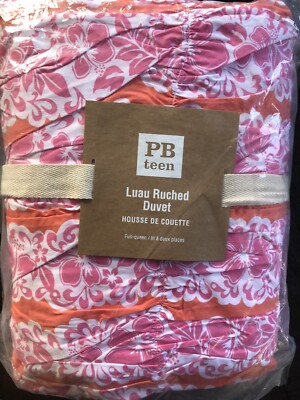 Pottery Barn  Luau Ruched Full Queen Duvet Cover Pink Flowers Tropical-image
