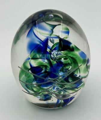 Studio Art Glass Egg Shaped Paperweight Artist Signed HG Blue Green 2007-image