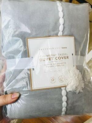 Pottery Barn Chambray Tassel Duvet Cover Set Gray Queen 2 Standard Shams Teen-image