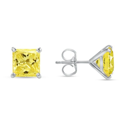 3.5 Ct Princess Cut Canary Earrings Studs Solid 14K White Gold Push Back Martini-image