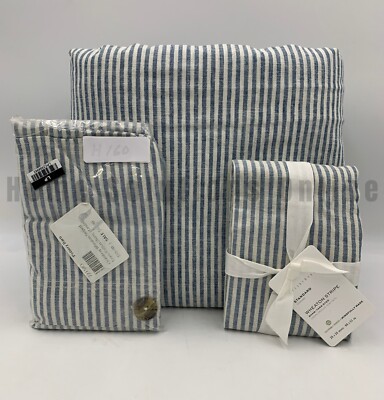 Pottery Barn Wheaton Striped Duvet Cover King 2 Standard Shams Chambray #R133-image