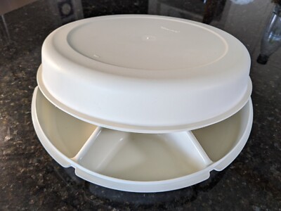  Tupperware Vintage Almond Tray Divided Veggie Dip 1665-3 & Lid 1666-4-image