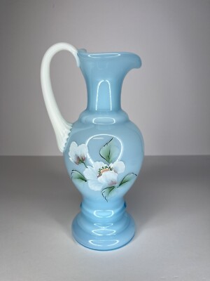 Fenton Blue Topaz Overlay Glass Painted Pitcher Heart Shaped Spout Original Stkr-image