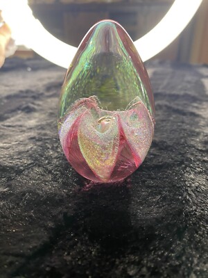 Studio Art Glass iridescent Egg shaped 3” Paperweight Oval Pink Gold (N44)-image