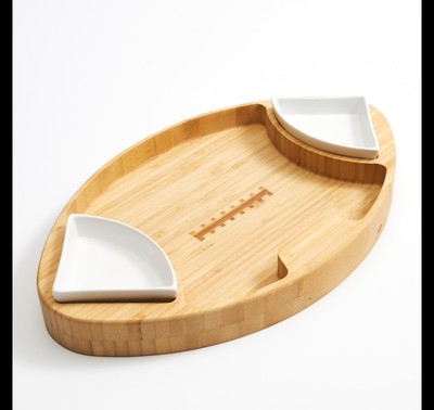 Chef's Counter Bamboo Football Shaped Serving Board with 2 Ceramic Dip Bowls-image